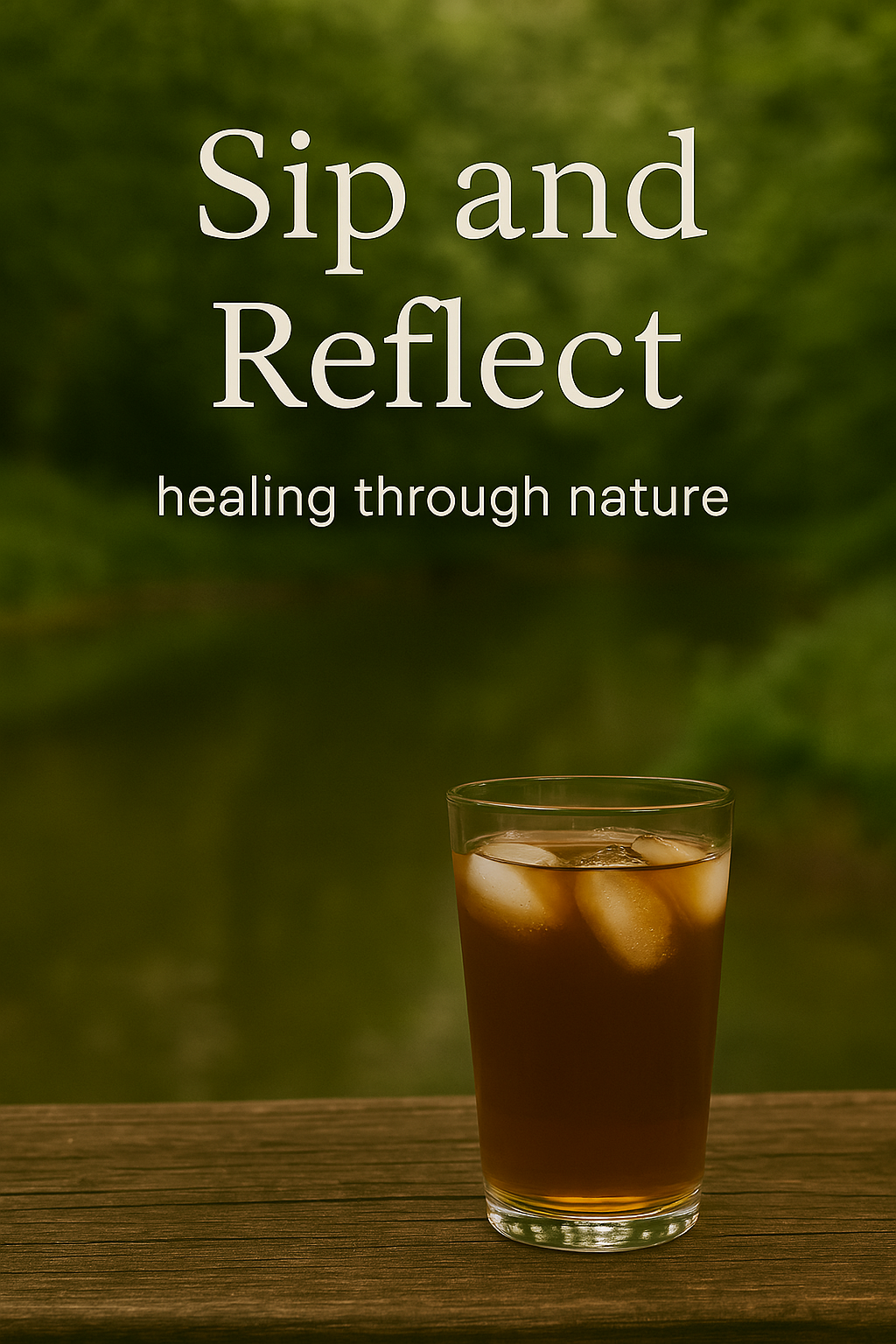 A warm cup of tea resting beside an open journal on a wooden table, with soft natural light and mossy greens in the background
